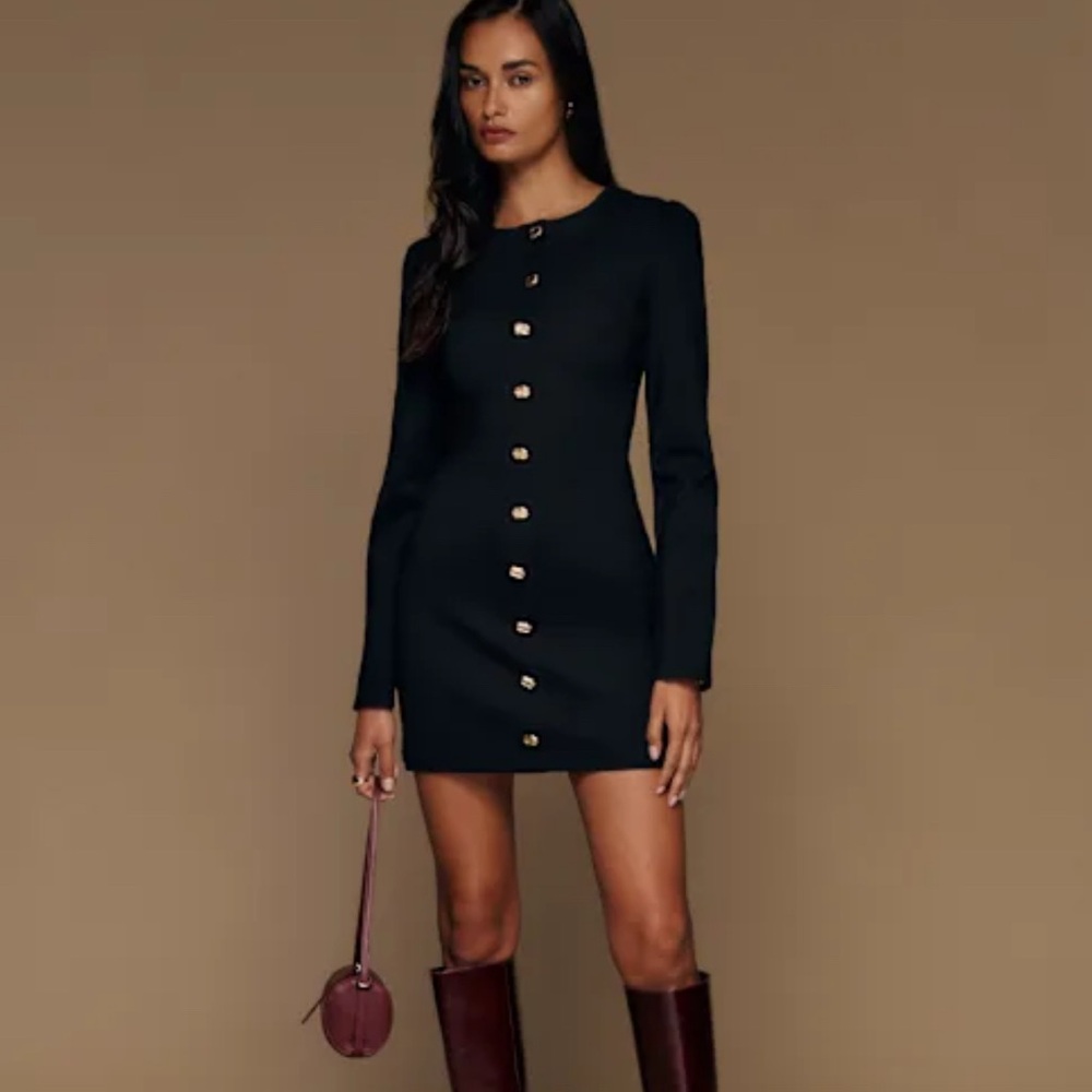Reformation Black Mini Dress with Gold Buttons